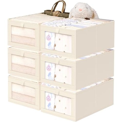 Criusia 6 Pack Linen Closet Organizers and Storage, Large Linen Closet Baskets for Organization, Foldable Storage Containers for Clothing, Towels, Toys, Jeans, Books, Shelves, Beige
