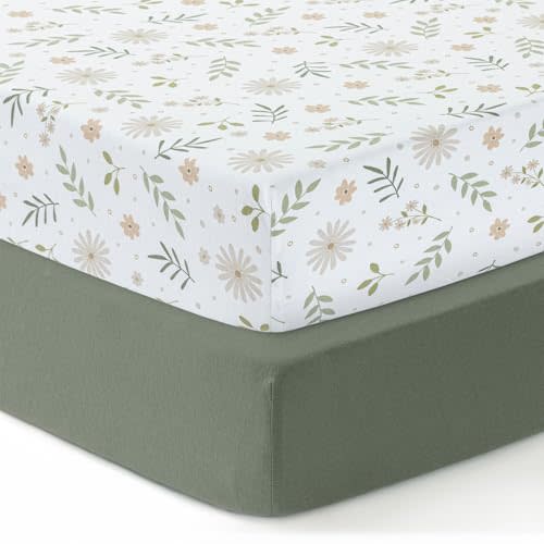 Dreamology Standard Crib Sheets Cotton,100% Cotton Jersey Fitted Crib Sheet,2 Pack,Soft,Breathable, Cotton Crib Sheets Girls,Boys,Toddler Bed Sheets,28x52 Crib Sheets | Green,Flowers