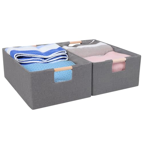 ANMINY 2PCS Storage Baskets for Organizing Collapsible Fabric Storage Bins Boxes with Wood Handles Closet Shelves Cube Organizer Bins Clothes Laundry Storage Container - Medium, Gray