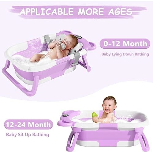 MoreFeel Collapsible Baby Bathtub for Newborn with Thermometer & 1 Hooded Towel & 1 Soft Floating Cushion,Portable Travel Bathtub with Drain Hole, Durable Foldable Baby Tubs for Infants to Toddler