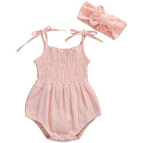 Infant Baby Girls Floral Cotton Strappy Halter Romper Bodysuit and Headband