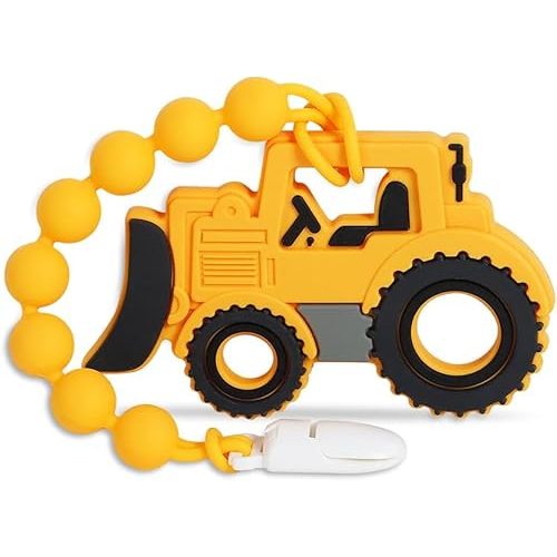 Baby Construction Vehicles Teething Toys,Food Grade Silicone Teether with One-Piece Pacifier Clip Holder,Shower Gift for 3 Months+ Boy and Girl,BPA Free,Freezer Safe. (Bulldozer)