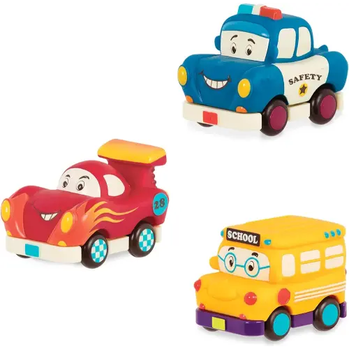 B. toys- Mini Wheeee-ls!- 3 pc Mini Pull-Back Vehicles Set, Bus & Cars, Multi, Hot Rod, School Bus, Police Car- 1 year +
