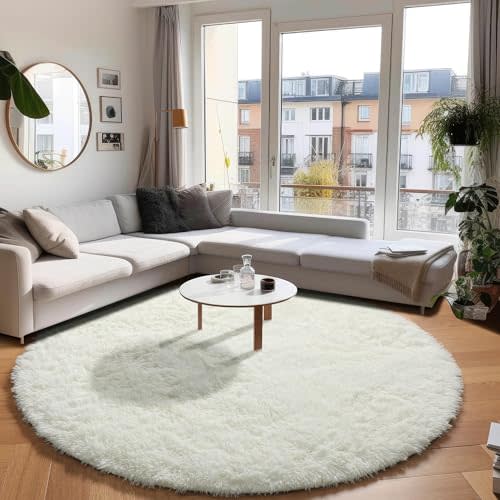 PAGISOFE Cream White Round Area Rug, Circle Rugs, 5x5 Feet, Small Fluffy Shaggy Carpets, Rugs for Girls Boys Baby Kids Bedroom, Furry Comfy Teepee Mats, Circular Rugs for Reading Area Nursery Room