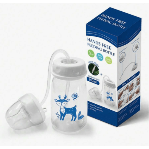 1pc 5oz/150ml Hands-Free Normal-Neck Blue Baby Bottle Set With Straw Brush, Self-Feeding Pp Feeding Bottle, For Christmas