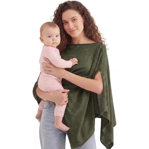 PATPAT Mesh Nursing Cover, Breathable Solid Knit Poncho, Olive Green