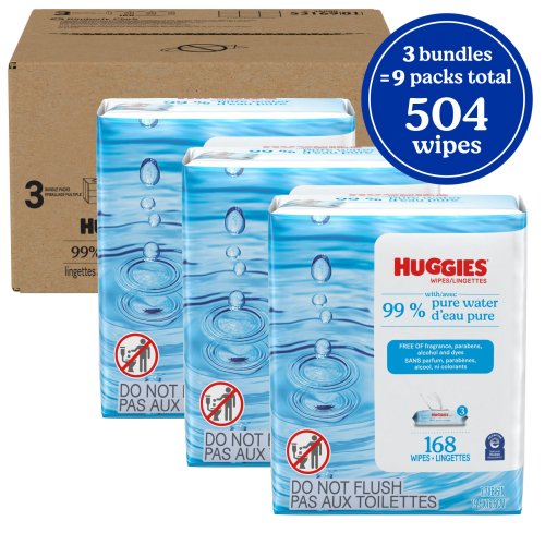Huggies 99% Pure Water Unscented Wipes, 3 Flip-Top Packs, 168 Total Ct