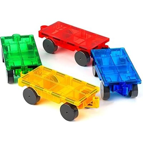 Magnetic Tiles Cars Construction Set - 4 PCS Magnetic Tiles Magnet Bricks Truck Sensory Toys, Educational Magnet Cars Set Building Blocks for 3 4 5 6 7 8+ Year Old Girls Boys