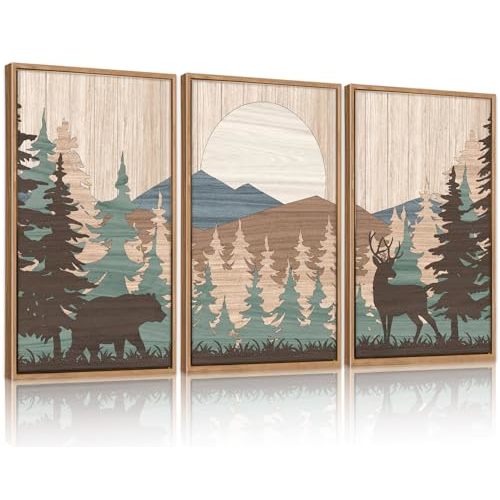 CHDITB Watercolor Woodland Bear Deer Wild Animals Framed Wall Art(Set of 3, 16”x24”), Retro Forest Mountain Sun Artwork Painting, Adventure Themed Nature Landscape Posters Print for Nursery Baby Boy