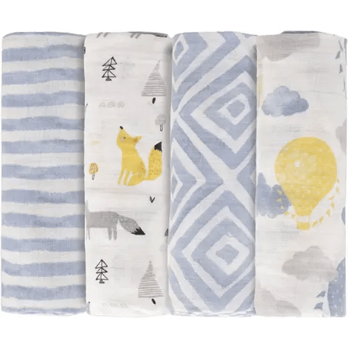 Featherhead™ 4-Pack 100% Cotton Muslin Swaddle Blankets for Baby Boy - Large 47”x 47” - Pre-Washed, Soft, & Breathable - Newborn Essential & Perfect Baby Registry Gift (Blue Foxes)