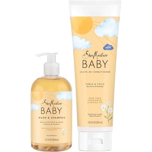 Shea Moisture Baby Care Set – Baby Wash & Shampoo + Leave-In Conditioner, Delicate Skin & Hair Care, Moisturizer & Detangler for Coily & Curly Hair (2 Piece Set)