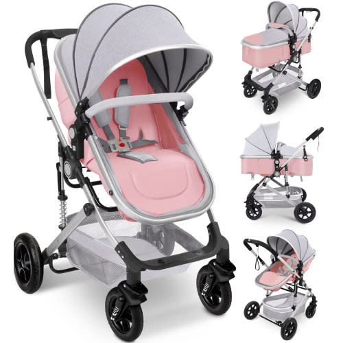Vomeast Baby Stroller, Foldable Baby Stroller Reversible Bassinet, Travel Stroller for Newborn, Pink
