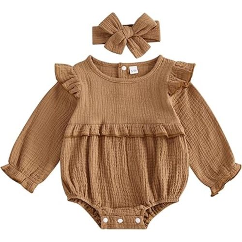 Newborn Infant Baby Girl Clothes Cotton Linen Long Sleeve Smocked Bubble Romper Ruffle Bodysuit Jumpsuit Fall Outfit