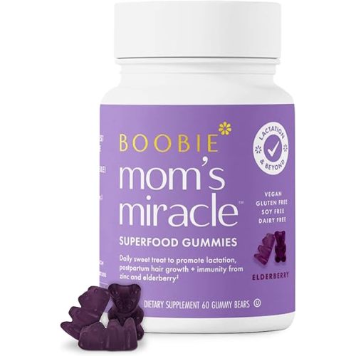 Boobie Bears Lactation Support Gummies | Helps As Milk Supply Booster & Supports Immune Health & Hair Growth | Breastfeeding Supplements with Zinc & Elderberry for Milk Supply Increase, 60 Count