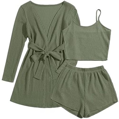 Ekouaer Womens 3 Piece Waffle Knit Lounge Set Soft Pajama Sets Tank Top and Shorts Cardigan with Pockets S-XXL