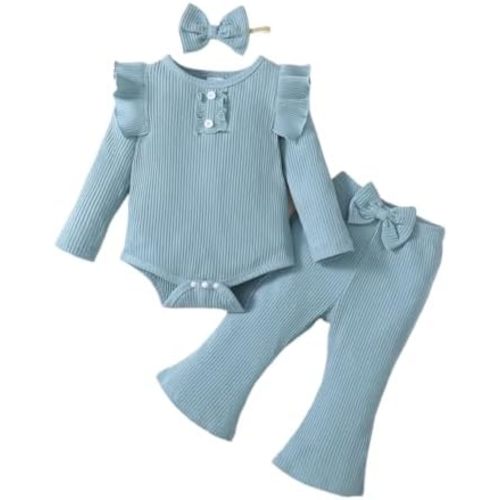 Infant Baby Girls Outfit Cute Ruffle Sleeve Ribbed Knit Romper Bodysuit and Flare Pants Clothes Set 3 Piece