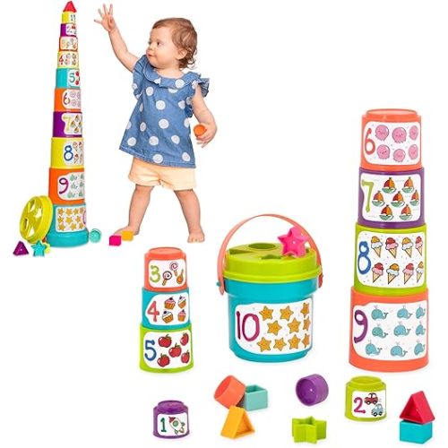 Battat – Nesting Sorter Set – 19 Pieces Stacking Bucket Sort Set – 10 Cups & 8 Shapes – Educational & Dexterity Toys – 18+ Months – Sort & Stack