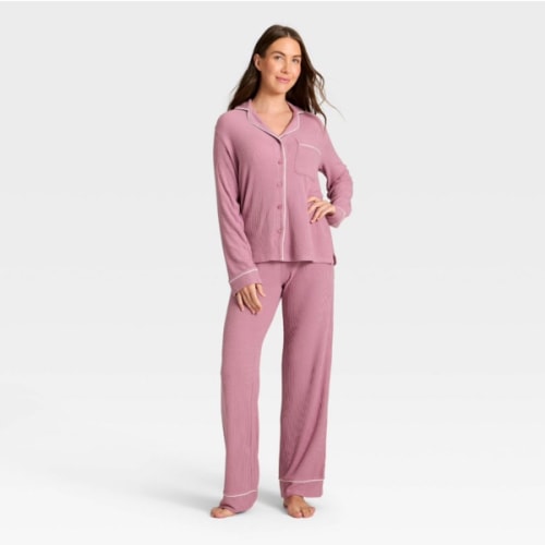 Women's Cozy Ribbed Notch Collar Long Sleeve Shirt and Pants Pajama Set - Auden™