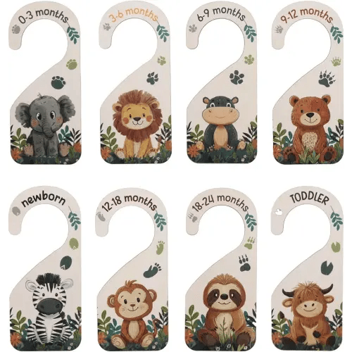 BOXOB 8pcs Baby Closet Dividers, Wooden Baby Wardrobe Organizer Newborn to 24 Months Woodland Nursery Clothes Decor Double-Sided Nursery Partition Hanger Dividers for Home Beautiful Decor (Animal)