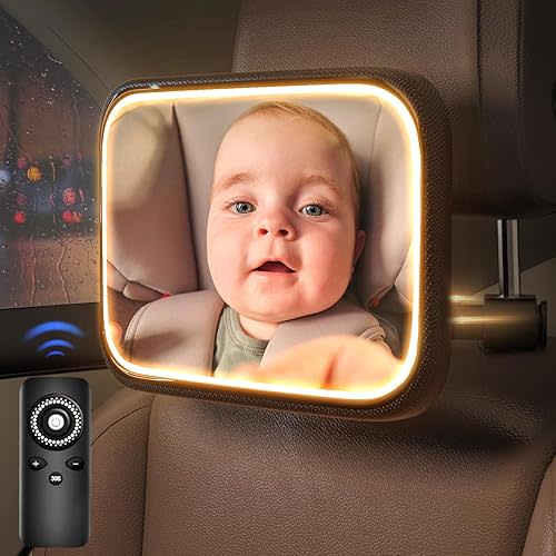 Baby Car Mirror with Light - Rechargeable Baby Mirror for Car with Remote Control, Clear Vision, 360° Rotation Rear Facing Car Seat Mirror, Shock and Shatter Resistant