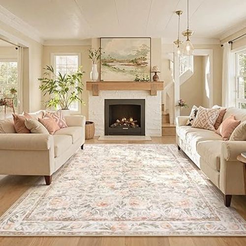 Collive 8x10 Washable Area Rugs for Living Room, Pink Floral Large Rug, Soft Low Pile Stain Resistant Carpet, Rugs for Bedroom Girls Dining Room Kids Playroom Nursery