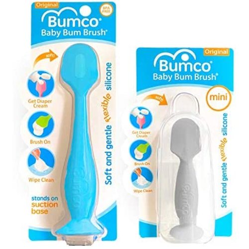 Baby Bum Brush, Original Diaper Rash Cream Applicator, Soft Flexible Silicone Brush, Unique Gift + Mini Diaper Rash Cream Applicator with Travel Case, [Blue + Gray]