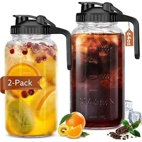 Mason Jar Pitcher With Lid and Spout, 64 OZ Glass Milk Pitcher for milk, Glass Jug Sun Tea Pitcher, Fruit Drinks Container, Mason Jar Pour Spout Lid with Wide Mouth for Fridge(2Pack,Black)