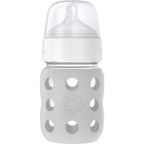 Lifefactory 8-Ounce Wide Neck Glass Baby Bottle with Protective Silicone Sleeve and Stage 2 Nipple, Stone Grey (LG2211WCG4)