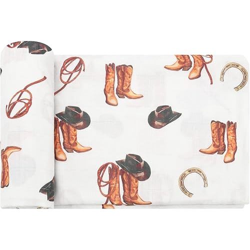LifeTree Muslin Swaddle Blankets, Western Baby Swaddles Blankets for Boys Girls Neutral Newborn, Soft Large 47" x 47",Baby Cowboy Boot Print, 70% Viscose from Bamboo and 30% Cotton