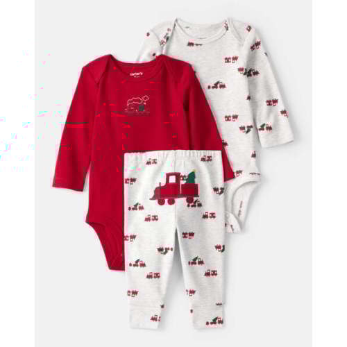 Baby Boy 3-Piece Train Print Long-Sleeve Bodysuits & Pant Set - Red/White - Carter's | Carter's