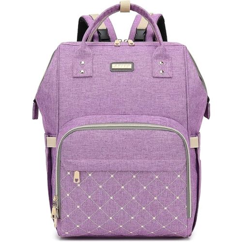 Baby Nappy Changing Backpack with Insulated Pockets, Multi-Functional Waterproof Diaper Bag for Girls and Boys with Stroller Straps - Purple
