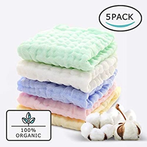 Baby Muslin Washcloths(12x12 Inches,5 Colors)-100% Natural Cotton Baby Wipes-Super Soft Face Towel for Sensitive Skin-Baby Register Shower Gift!