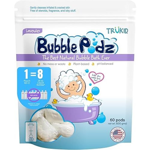 TruKid Bubble Podz Bubble Bath for Baby & Kids, Gentle Refreshing Bath Bomb for Sensitive Skin, pH Balance 7 for Eye Sensitivity, Natural Moisturizers and Ingredients, Lavender (60 Podz)