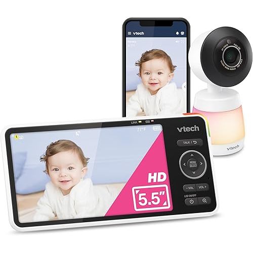 VTech Smart WiFi Baby Monitor, 2K Camera, 5.5-inch HD IPS Screen, Crystal Clear Infrared Night Vision, Pan-Tilt, 24x Zoom, 2-Way Talk, Multi-color Night Light, Soothing Sounds, Free App: Smart HD Plus