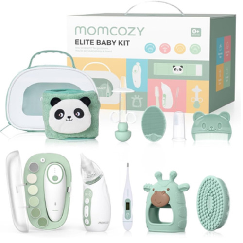 Momcozy Elite Baby Kit, Superior Baby Shower & Registry Essential Kit for Grooming & Health & Cleansing Care, Electric Nail File & Nasal Aspirator,Tummy Wrap,Thermometer,Bath Brush,Teether,Storage Bag