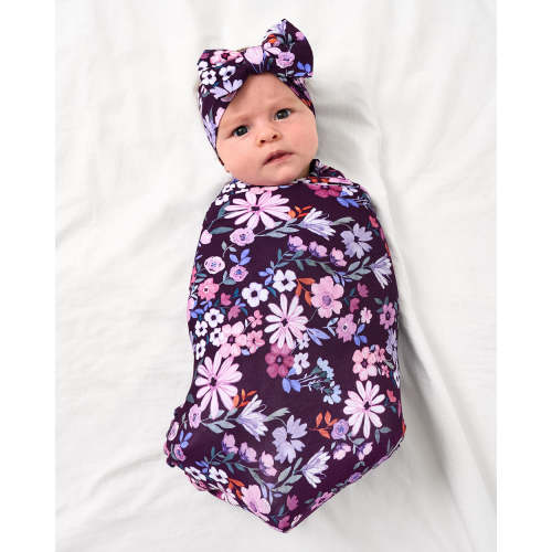 Violet Meadow Swaddle & Luxe Bow Headband Set | Little Sleepies