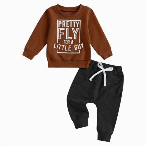 HCNTES Toddler Baby Boy Clothes Letter Print Long Sleeve Sweatshirt Pullover Pants 2Pcs Fall Winter Outfits(Brown&Z2,3-6 Months)