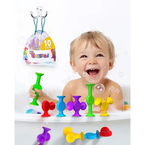 BUNMO Textured Suction Bath Toys 10pcs | Connect, Build, Create | No Mold Bath Toy | Hours of Fun & Creativity | Stimulating & Addictive Sensory Suction Toy | No Hole Bath Toy | Mold Free Bath Toys