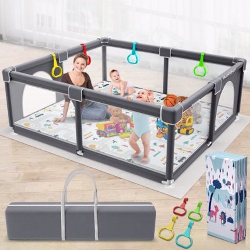 Baby Play Yard, 79x71 inch Extra Large Baby Play Pen with Play Mat,4 Pull Rings and 1 Storage Bag for Kids/Infants Unisex Grey/Dark Grey