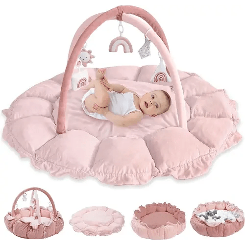 HAN-MM 5-in-1 Convertible Baby Play Gym with 6 Toys, Tummy Time Mat for Sensory Development, Baby Activity Center from Newborn to Toddler, Ball Pit, Cat & Dog Bed, Soft Plush Pet Bed, Pink