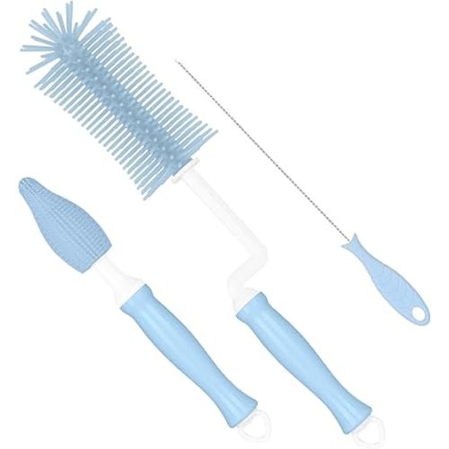 Silicone Bottle Brush, 360° Rotating Baby Bottle Brush Cleaner Set with Straw Brush Nipple Brush, Extra Long Handle Cleaning Brush Kit for Baby Bottle Breast Pump Water Bottle Cup Detachable Blue