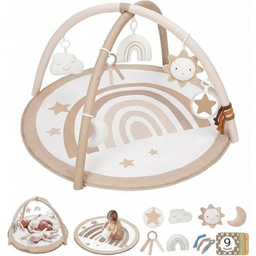 Little Dove Baby Play Gym Mat, Tummy Time Activity Mat with 7 Detachable Toys and 12 Milestone Cards for Stage-Based Sensory and Motor Skill Development, Washable Play Mats for Infant, Brown