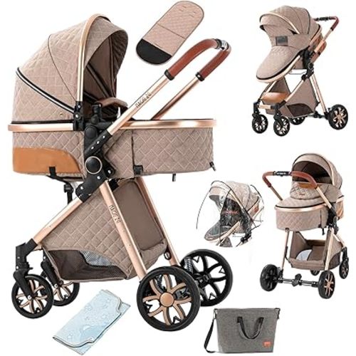 2 in 1 Baby Stroller with Bassinet Reversible Portable Standard Baby Stroller Convertible Pushchair Infant Buggy Baby Carriage Foldable High Landscape Pram for Toddler Newborn (2USV9-KHAKI)