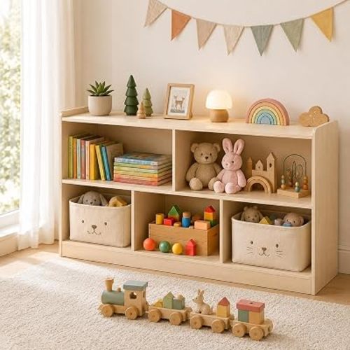 GITAWUSA Montessori 2-Tier Kids Bookshelf and Toy Storage Organizer, 5-Section Wooden Cabinet, Toddler Book Display for Playroom, Nursery, Bedroom, Classroom