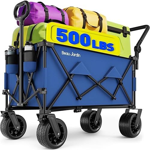 BEAU JARDIN Folding Push & Pull Beach Wagon 500 lbs Collapsible Foldable Wagons with Push Handle All Terrain Wheels Grocery Utility Camping Sports Garden Wagon Cart Blue