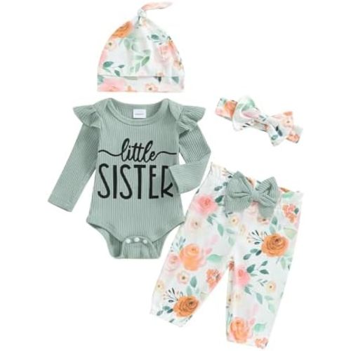 Newborn Baby Girl Clothes Outfits New To The Crew Bodysuit Romper Floral Pants Headband Hat Coming Home Outfit