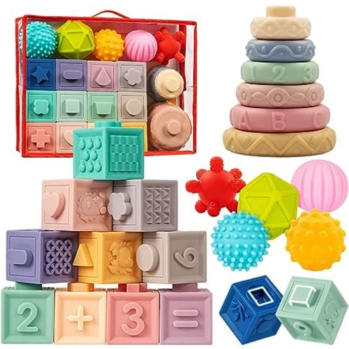 Jyusmile Baby Toys 6-12 Months, Montessori Toys for Babies 6-12 Months, Incl Stacking Building Blocks & Soft Infant Teething Toys & Sensory Balls for Toddlers 0-3-6-9-12 Months - 23 Pcs Multicolors
