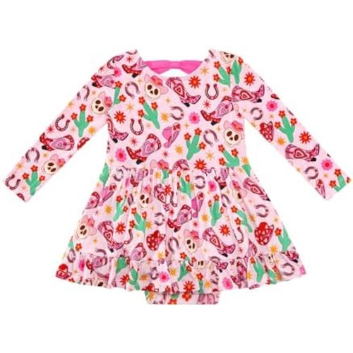 Baby Girl Bodysuit Dress- Viscose Made from Bamboo, Long Sleeve Flutter Skater Dress with Bodysuit Infant Outfit