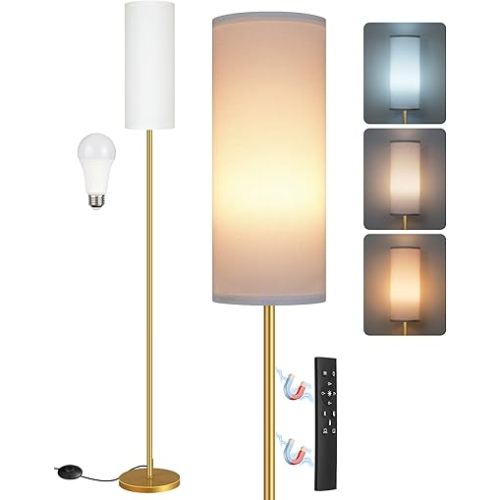 Dimmable Floor Lamp for Living Room with Remote and Foot Switch, Corner Floor Lamp, 66'' Standing Tall Lamp, 10W 900LM LED Bulb Included, 3000K-6500K, Linen Shade, Gold White, FCC Listed DCW06LD05W1