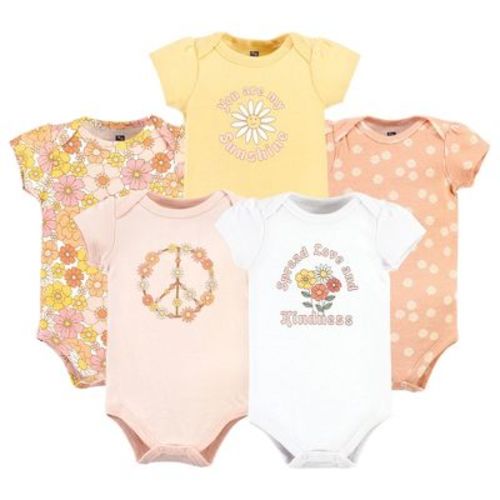Hudson Baby Infant Girl Cotton Bodysuits, Peace Love Flowers 5 Pack, 0-3 Months